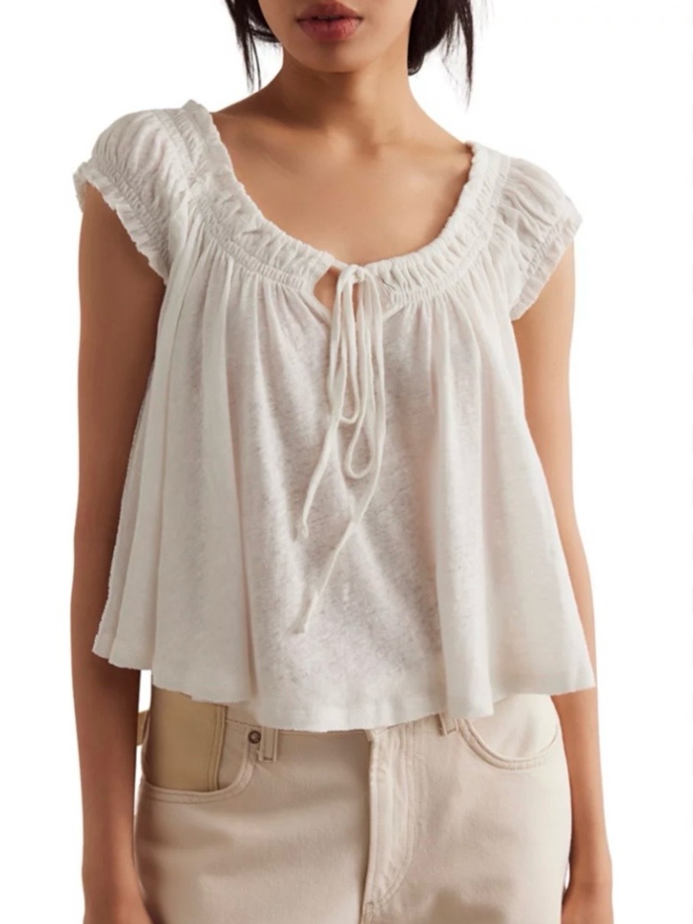 Free People White Tie-Front Cropped Peasant Top